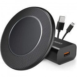 15W Fast Wireless Charging Pad with Intelligent Recognition and Charger Adapter T527 for Universal Qi Compatible Phone Device (Black)